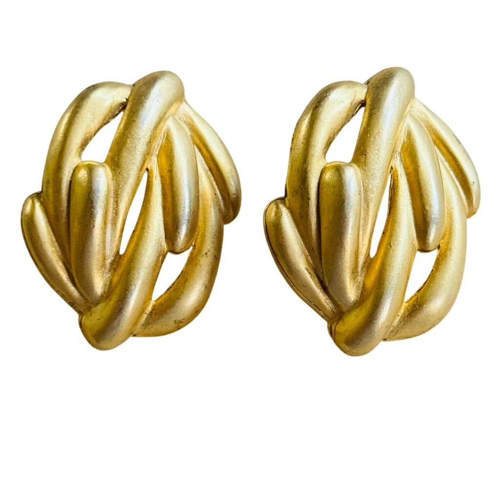 VTG‎ Chunky Sculptural Earrings Statement Dangle Pierced Satin Gold Tone 90s